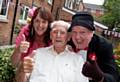 Scheme Manager Stella Watson and resident Mr Royle with Jimmy Cricket at the silver anniversary celebration

