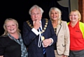 The Mayor of Rochdale, blowing the the whistle to start the scrap swop, joined by the Mayoress Gillian Brown along with Tina Wright (far left) and Alison Sharkey (far right) of PEARLS.
