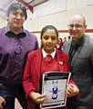 John Stankevitch from Rochdale Hornets and Martin Ballard from the Wheatsheaf Shopping Centre, the Hornets Team sponsor, present Natalie with her prizes