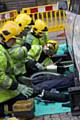 Dramatic stunt staged by the emergency services to highlight the dangers posed to cyclists and bikers straying into the blind spots of HGVs and buses