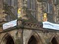 Rochdale Town Hall’s balcony with the banners