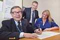 Trust Chairman John Jesky signing the Charter with Roger Pickering, director of human resources and Joanne Heyworth, Staff Side’s Deputy Secretary for The Pennine Acute Hospitals NHS Trust