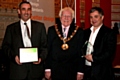 Brent Miller from Pinnacle Homes and Paul Clark from CJ Partnership receiving their award from Mayor Godson<br/>Rochdale Borough Design Award – The Pavilion, Birtle Brook Village, Birtle