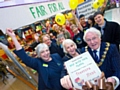 The Mayor, Councillor Alan Godson, and the Mayoress, Gillian Brown, launch the Win With Fair Trade treasure hunt. Among those helping them are Margaret Cigna (front row, first left), Promotions Co-ordinator with Rochdale Exchange and Ben Greenwood (first right, second row), chair of the Fairtrade Forum.    