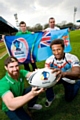 Players visit Spotland Stadium to mark the announcement that Rochdale will host the eagerly awaited fixture in the Rugby League World Cup. Front: Greg McNally (Leigh Centurions/Ireland) and Semi Tadulala (Keighley Cougars/Fiji Bati). Back: Tyrone McCarthy (Warrington Wolves/Ireland) and Mike Ratu (Ex Hull KR and Halifax/Fiji UK). 