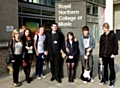 Rochdale Sixth Form College students arrive for rehearsals -  Teacher James Reevell (centre) with from left to right:  Catherine Ayres, Alicia France, Bradley Harrison, Amy Upton, Calum McIvor, Nathan Hobson

