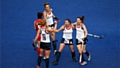 Nicola White and Team GB women’s hockey team celebrating 