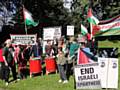 Members of Rochdale Palestine Solidarity Campaign (PSC) join fellow campaigners from Halifax Friends of Palestine and Manchester PSC outside the Bankfield textile museum in Halifax 