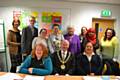 Mayor and Mayoress of Rochdale, Cllr James Gartside and Cllr Jane Gartside with staff and learners at the Training @ Hopwood shop on Drake Street