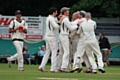 Heywood celebrate Chris Kaye’s first wicket
