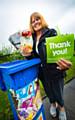 Councillor Jacqui Beswick, was tested to identify which household waste items were recyclable and belonged in either a green (blue lid), blue or brown bin