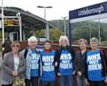 Rochdale and Littleborough Peace Group members, Pauline Devlin, Pat Sanchez, Patricia Gilligan, Rae Street and Mai Bentley with their guest, Kate Hudson (General Secretary of CND UK) en-route to the demonstration at Littleborough railway station