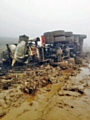 Cement wagon overturns and sheds its load