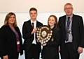 Karen McCarthy, Chair of Governors; Adam Loeb, Head Boy; Megan Jamieson, Head Girl; Matt Aspden, Deputy Headteacher