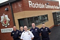 Firefighter Chris Watson, Firefighter Jon Crossley, Watch Manager Paul Wilkinson, Firefighter Gary Baxter and Firefighter Kris Ahmed at the new Rochdale Fire Station