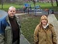 Local councillor Richard Farnell and community campaigner Kathleen Nickson campaigning to improve security in Balderstone Park 