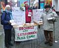 Peace campaigners: Pat Sanchez, Philip Gilligan and George Abendstern at the stall in Yorkshire Street 