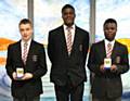 Connor Ronan, Jonathan Diba and Kisimba Kisimba showing their medals from the victorious U16 ESFA Inter County Trophy