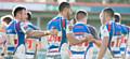 Hornets players celebrate scoring against Batley