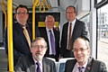 Aboard the town centre tram<br /> Back: Councillor Andy Kelly, Councillor Ashley Dearnley and RMBC Executive Director Mark Widdup<br />
Front: Councillor Andrew Fender, Councillor Colin Lambert