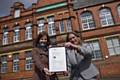 Evelyn Brookfield (Quality Manager) and Vicki Devonport (Executive Director) hold the ISO 9001 certificate outside the Groundwork headquarters