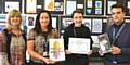 Hopwood Hall College tutor Sharon Drysdale, Frances Fielding from Rochdale Borough Council holding the winning logo, Jack Greenwood and Anthony Jackson of Rochdale Borough Council