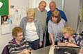 Mimi Poulaud, Joyce Wharton, John Green (Chairman of the tenants and residents association), Jim Ross (Secretary), Sue Green and Gwen Hill enjoy a meeting of the computer club