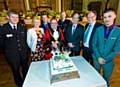 The Mayor Councillor Peter Rush prepares to cut the cake, marking four decades of the borough with (Left to right) Chief Superintendent Chris Sykes, Mayoress Monica Rush, Chief Executive Jim Taylor, Paul Starling Council Leader Colin Lambert, Deputy Police and Crime Commissioner Jim Battle and Leon Hollinrake, Member of Youth Parliament. 