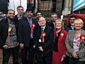 Castleton Labour Party members celebrating victory with newly elected councillor Aasim Rashid, Councillor Billy Shreein and Councillor Jean Hornby at Rochdale Town Hall 