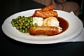 Sausage, mash, peas and gravy - free school meal