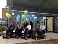 The Mayor and Mayoress Surinder and Cecile Biant at the Shopmobility scooter race with Jonathan Hindle, Luke Settle, Christine Buckley and Adam Clegg 