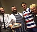 Quirky Catering head chef Ben Boothman at the shirt launch alongside Hornets captain Wayne English, Flying Horse General Manager Jon Hudson and head of front of house Patricia Boothman