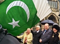 Mayor Carol Wardle, Gulam Shahzad OBE, Simon Danczuk MP  and Mayoress Beverley Place at the raising of the Pakistani flag (upside down!) at Rochdale Town Hall