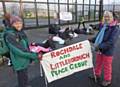 Mai Chatham and Pat Sanchez from Rochdale and Littleborough Peace Group support the blockade of the Atomic Weapons Establishment at Burghfield, near Aldermaston