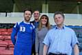 L to R Rochdale footballer Tom Kennedy  & from Petrus Denis Skelton, Co-ordinator, Sonia Denham, Project Leader & Peter Galvin Vice-Chair of Trustees.