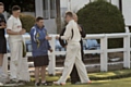 Simon Dawson is congratulated by Clinton Perren after his 6-20 haul