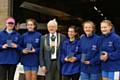 WJ15 Quad Winners Hannah Lowe, Maggie Page, Sophie Webb, Sally Tisdall and Molly Archbold with the Mayor of Boston