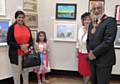 Srishti Pandey with her painting 'Happy Day', Cecile Biant, Mayoress of Rochdale and Mayor of Rochdale Councillor Surinder Biant