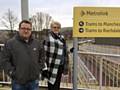 Councillor Andy Kelly and Irene Davidson at Newhey Metrolink Station