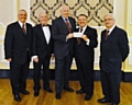 Brian Armistead,  Chairman, Rochdale Masonic buildings committee, Peter Hewitt, Assistant Provincial Grand Master, James Rothwell, function organiser, Ken Davies MBE, Provincial Grand Charity Steward, John Hall, Secretary, Rochdale Masonic buildings committee