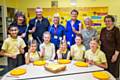 St Edwards C of E cookathon: Dawn Frost, Mark Atkinson, Angie Gilbertson, Pat Brook, Ann Brown, Jean Bullock
Front row L-R: 
Musa Raza – 9, Mica Idaewor-Knox– 9, Abigail Mason -9, Briany  Seddon– 7,  Bryan Fernandes – 7, Delta Brooks– 10
