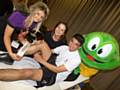 Nikki-Leigh from Nikki Leigh Studios, teacher Carol Harrison, student Rafael Martins and Springy the Frog