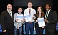 Derek O’Toole, Principal of Hopwood Hall College, star winners Dean O’Toole, Jack Morrison, and Morgan Fay and author and broadcaster Lemn Sissay