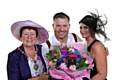 Ascot at Nutters<br /> Mayoress Elaine Dutton, Chef Andrew Nutter with winner of the Best Hat competition, Clare Humphreys