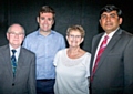 Andy Burnham with Castleton councillors, Billy Sheerin, Jean Hornby and Aasim Rashid at Woolworth's Sport and Social Club