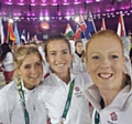 Nicola White, right, with her teammates Georgie Twigg and Maddie Hinch at the closing ceremony of the Rio Olympics