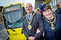 Mayor and Mayoress, Ray and Elaine Dutton get ready to board the Gracie tram