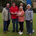 Neil Montgomery, prize sponsor; Graham Banks & Elaine Ginnever, winning team; David Hincliffe, Chairman, Hare Hill Bowling Club; Jean Montgomery, prize sponsor