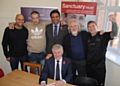 Front: Tony Lloyd MP with Dr Zahid Chauhan and David Lackner-Smith, Chief Executive Officer, The Sanctuary Trust, and service users