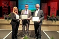 Paul Ellison (centre) with Phil Starr receiving their Outstanding recognition for Norden's Jubilee Park at the 2017 North West In Bloom awards